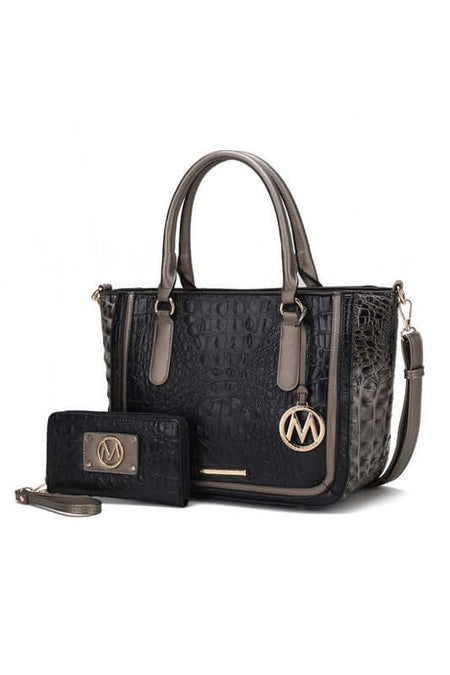 Stylish black handbag and wallet set with gold accents and logo. Ideal for everyday use and special occasions.