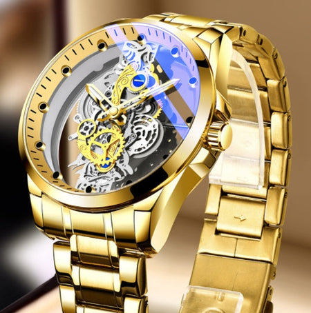 Gold men's luxury watch with intricate mechanical design and clear case back.