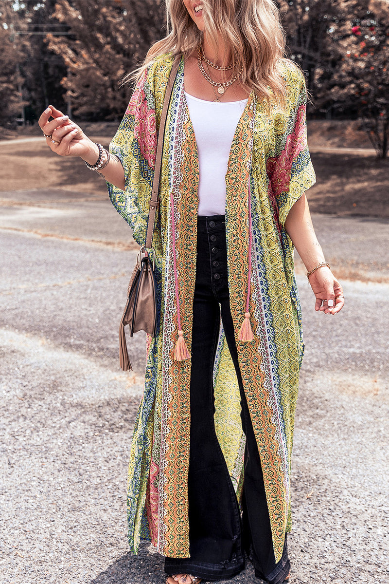 Pink Boho Print Tassel Tie Duster Cover Up