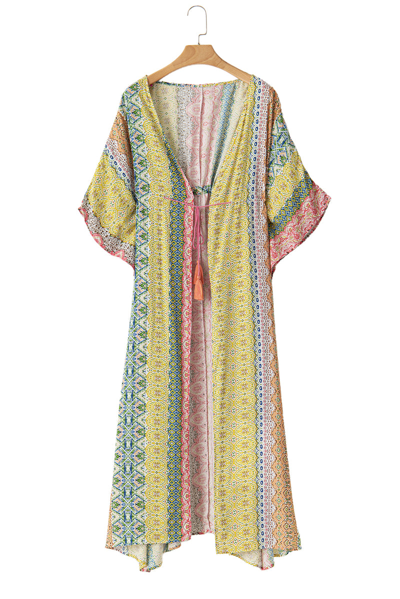 Pink Boho Print Tassel Tie Duster Cover Up