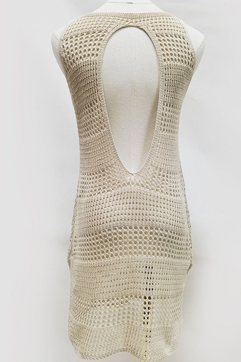 Beige Open Back Hollowed Knit Sleeveless Beach Cover Up