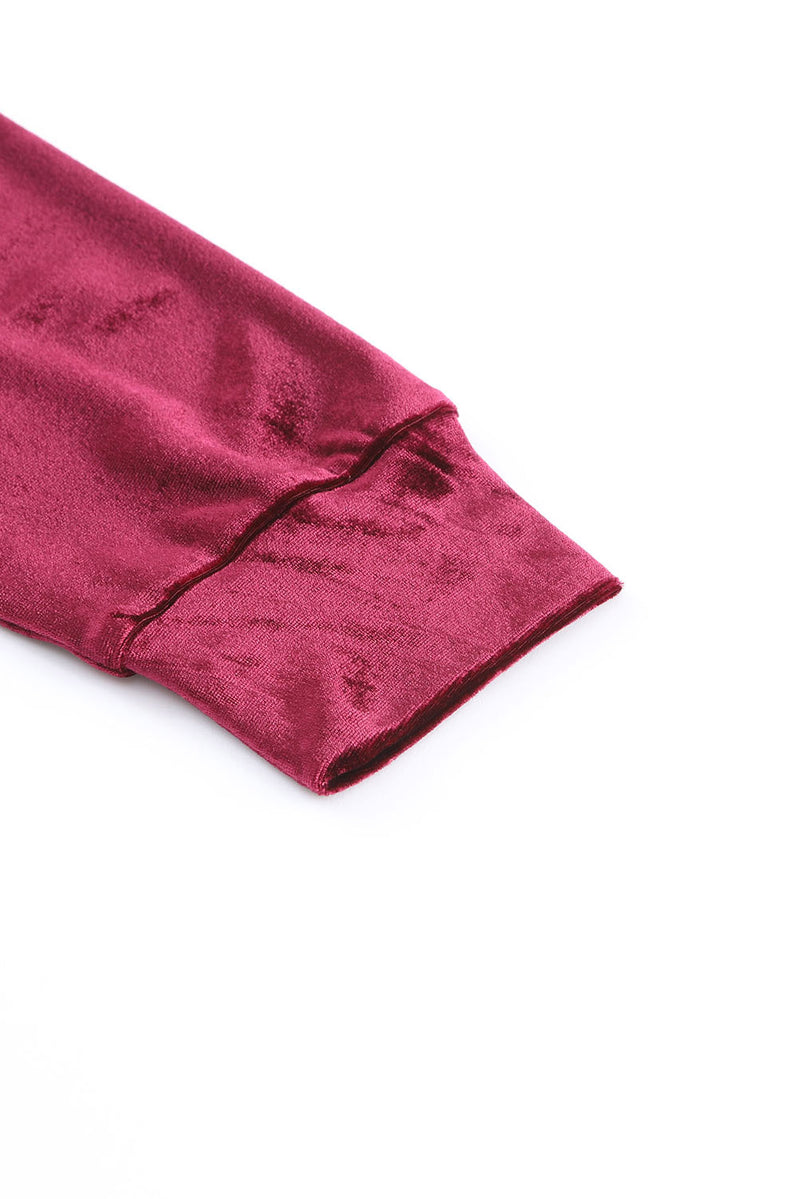 Red Solid Velvet Round Neck Top & Drawstring Pants Longe Set