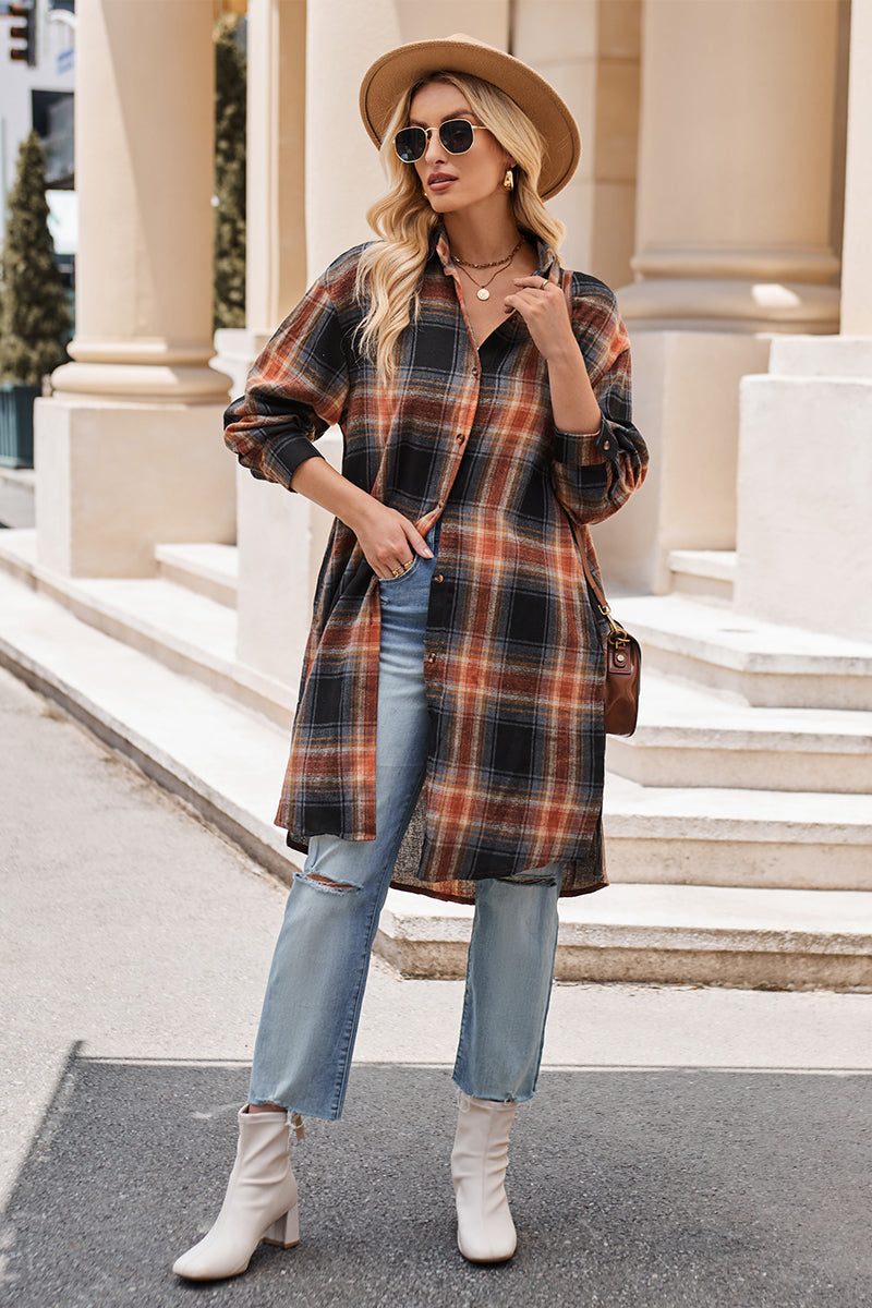 Mandy Plaid Collared Neck Long Sleeve Coat