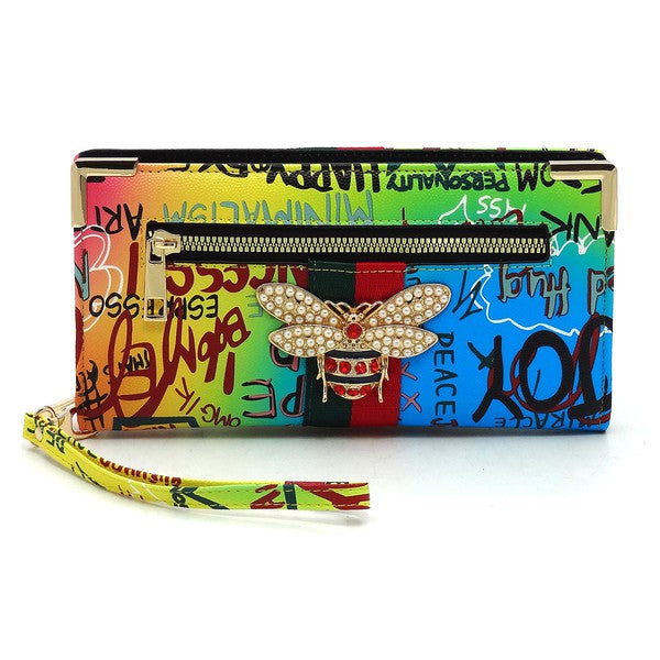 Graffiti Queen Bee Stripe Clutch Wallet Wristlet