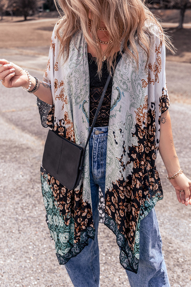 Green Boho Floral Print Irregular Hem Flowy Kimono