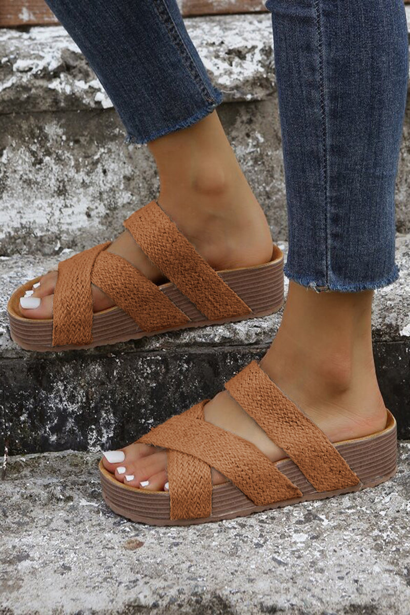 Brown Woven Criss Cross Strap Platform Slides Shoes