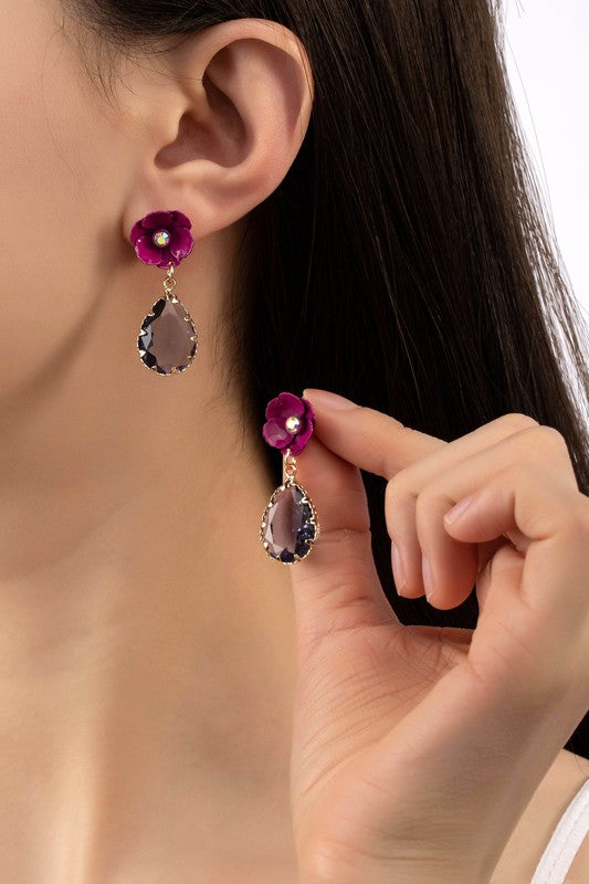 Fuchsia  flower stud earrings with gem stone drop