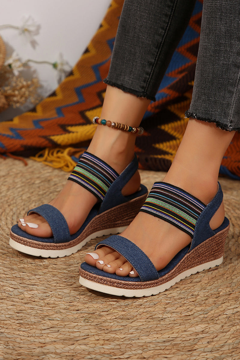 Dark Blue Elastic Striped Band Platform Wedge Sandals