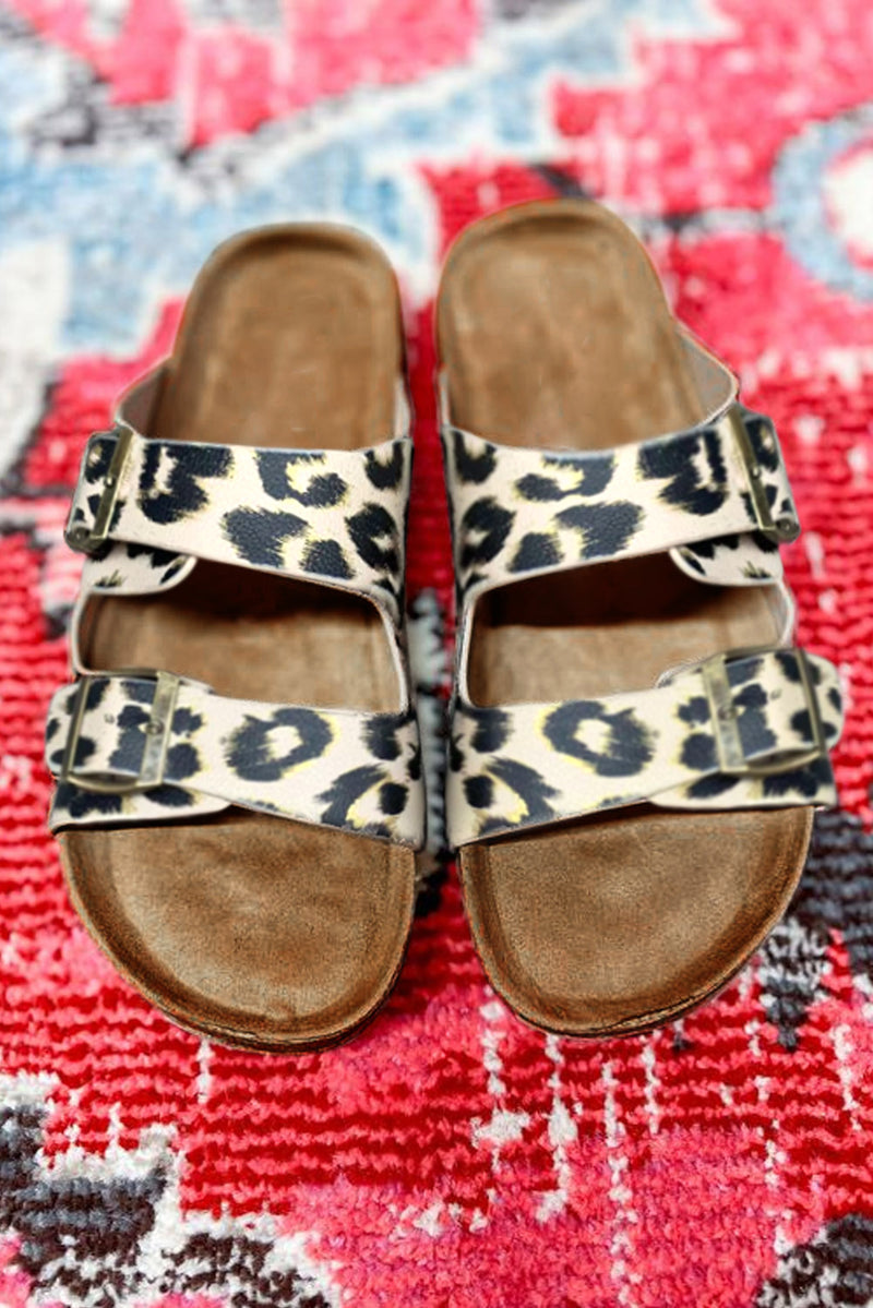 Leopard PU Leather Square Buckle Slides Shoes