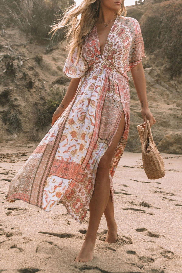 Red Boho Print Deep V Kimono Sleeves Beach Dress With Split