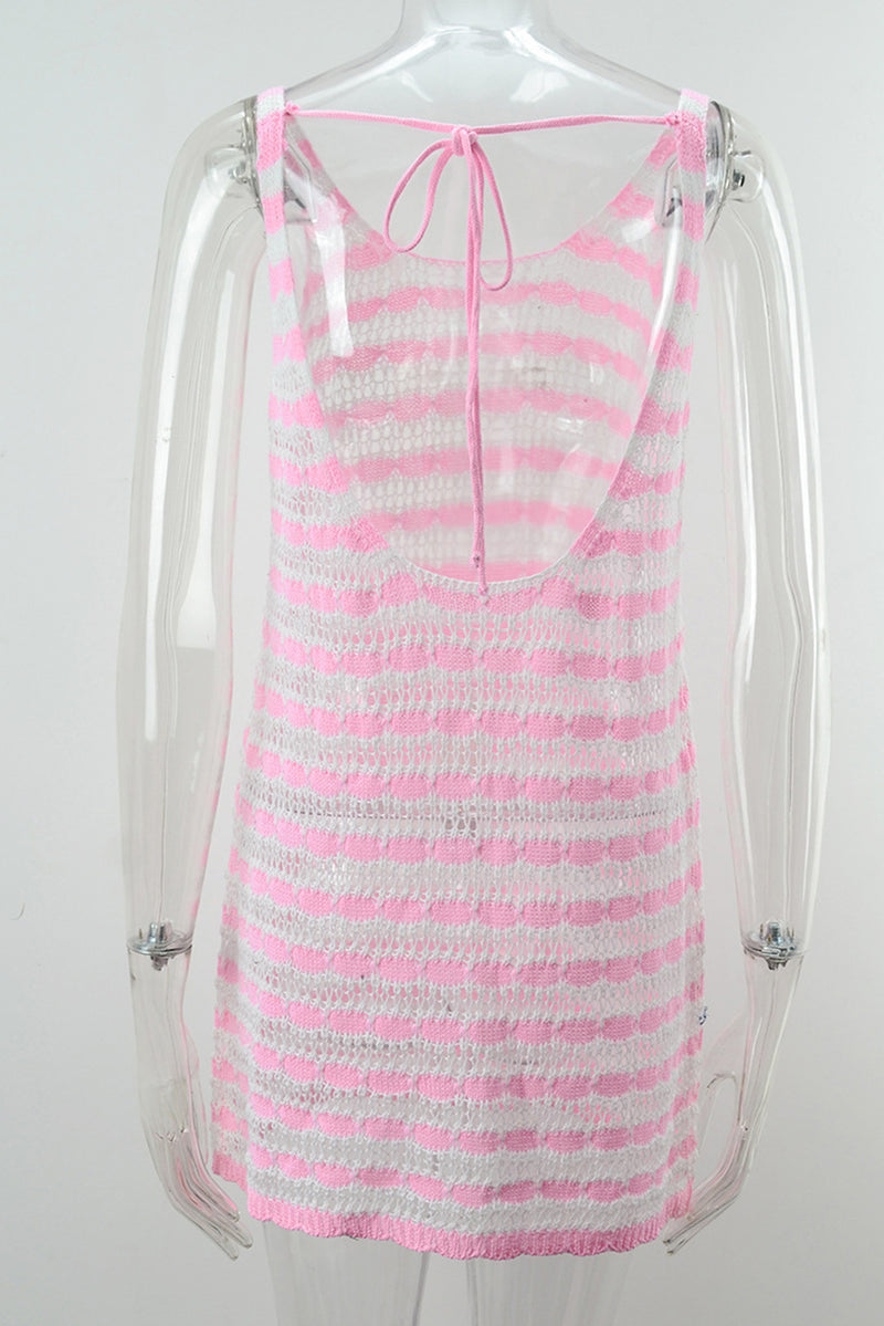 Pink Contrast Stripes Crochet Sleeveless Beach Dress