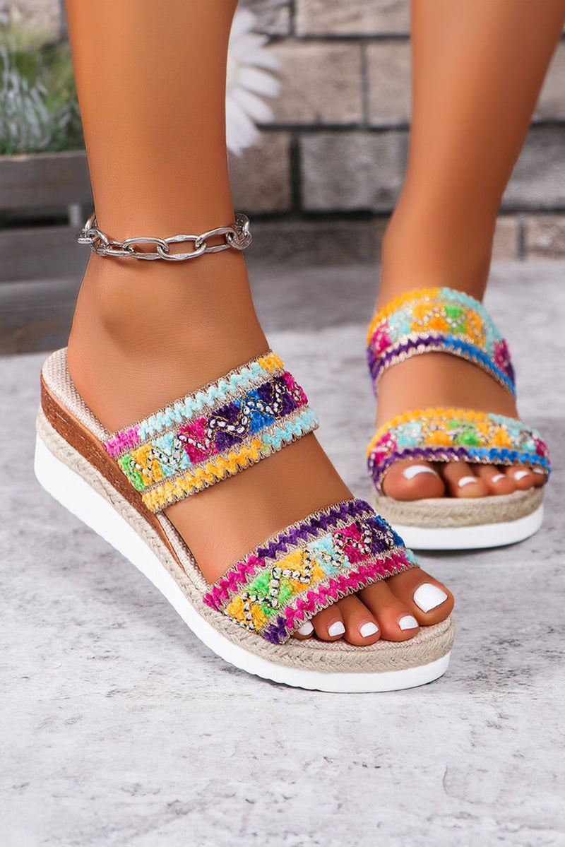 Multicolour Beaded Wide Strap Wedge Slides Shoes