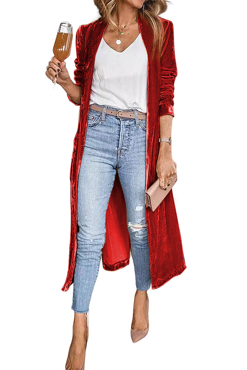Red Velvet Elegant Open Front Pocket Long Cardigan