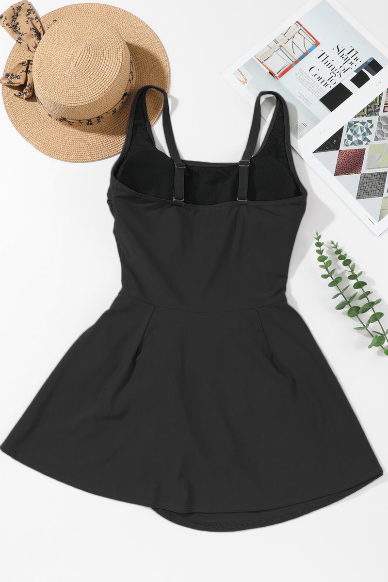 Black Knotted Split Skirt One Piece Swim Dress