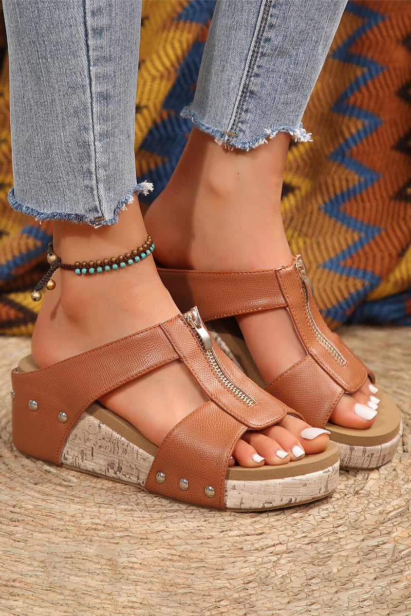 Camel Hollow Out Zipped Studded Wedge Slides Shoes