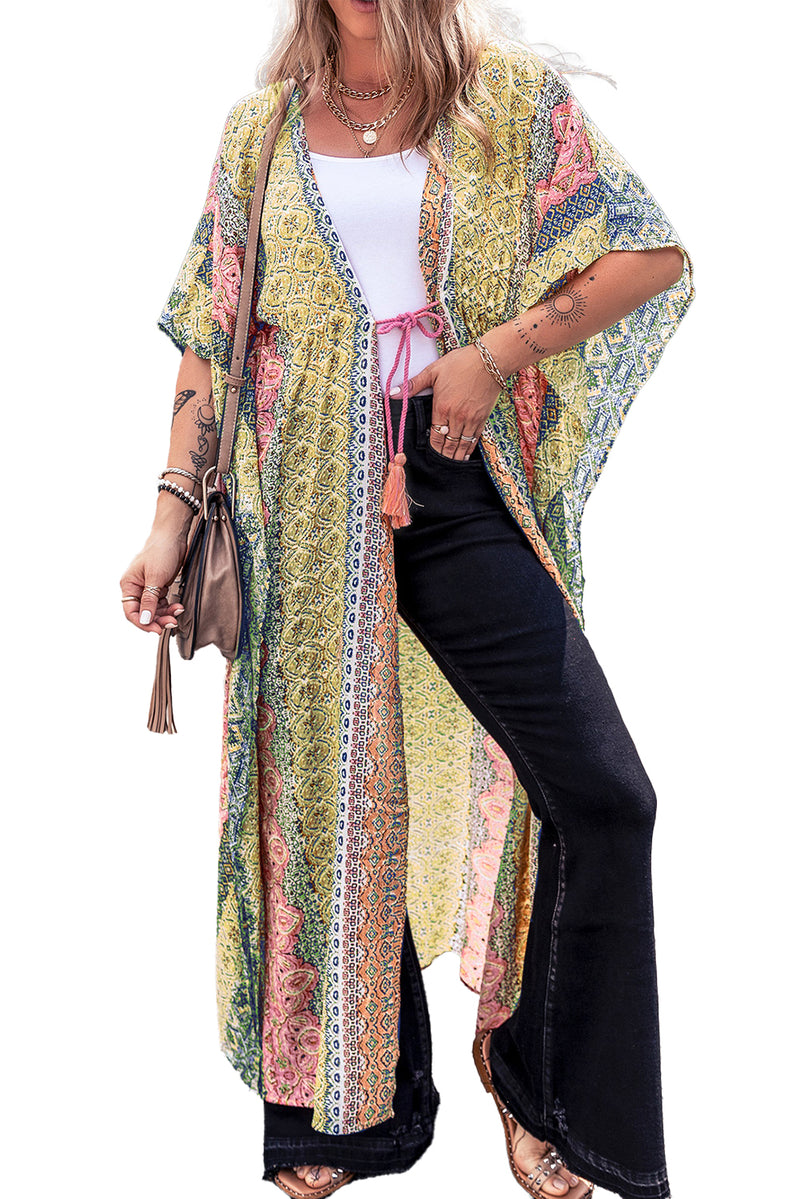 Pink Boho Print Tassel Tie Duster Cover Up