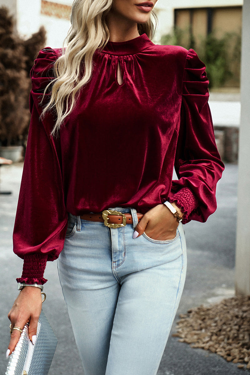 Green Keyhole Neck Puff Sleeve Velvet Blouse