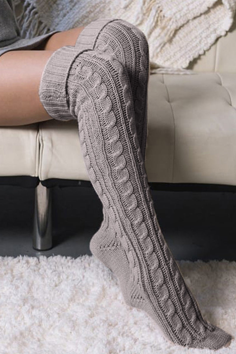 Medium Grey Cable Knit Thigh High Socks