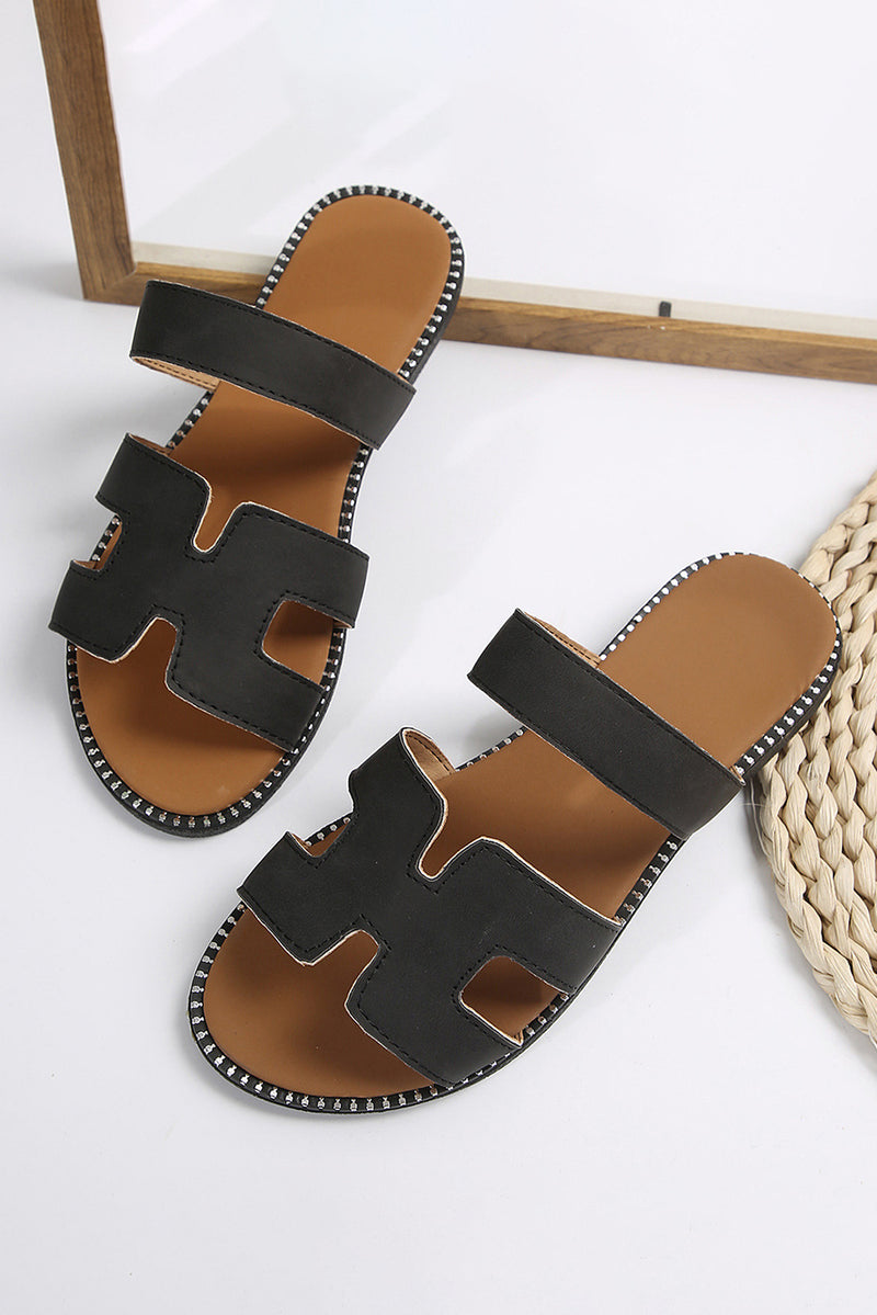 Black Leather H Band Flat Slides Shoes