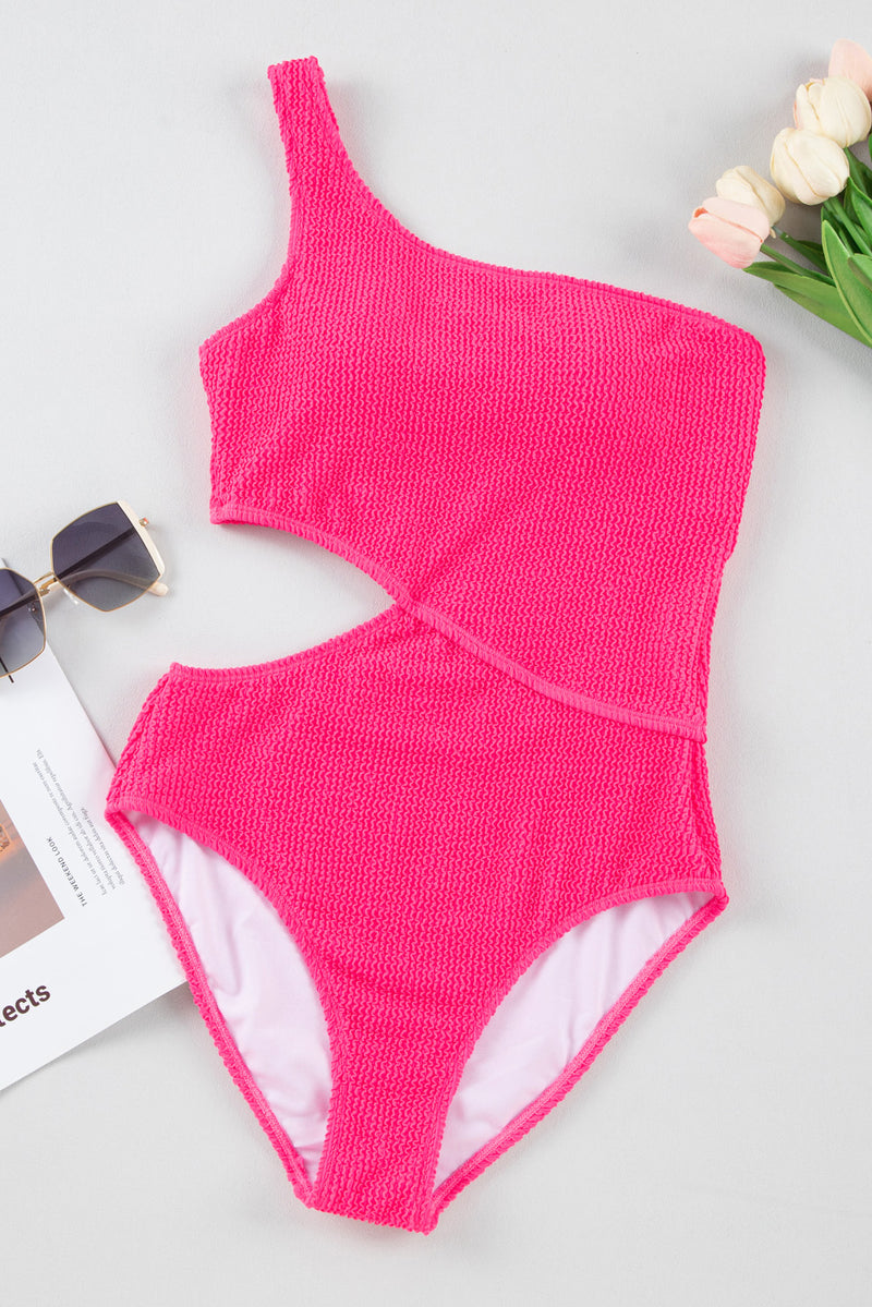 Bright Pink Solid Textured Cut Out Asymmetric One-piece Swimsuit