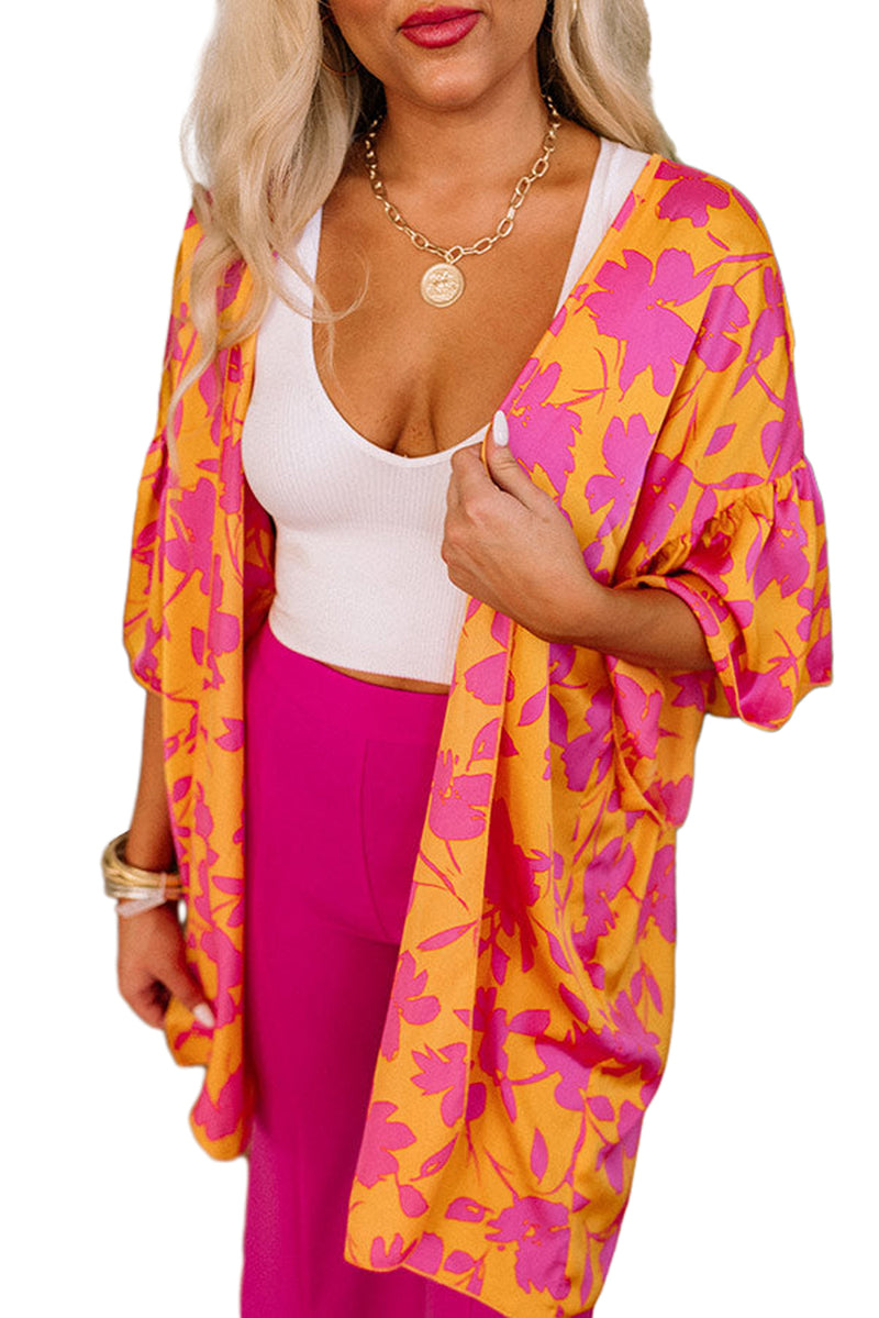 Orange Ruffled 3/4 Sleeve Floral Kimono