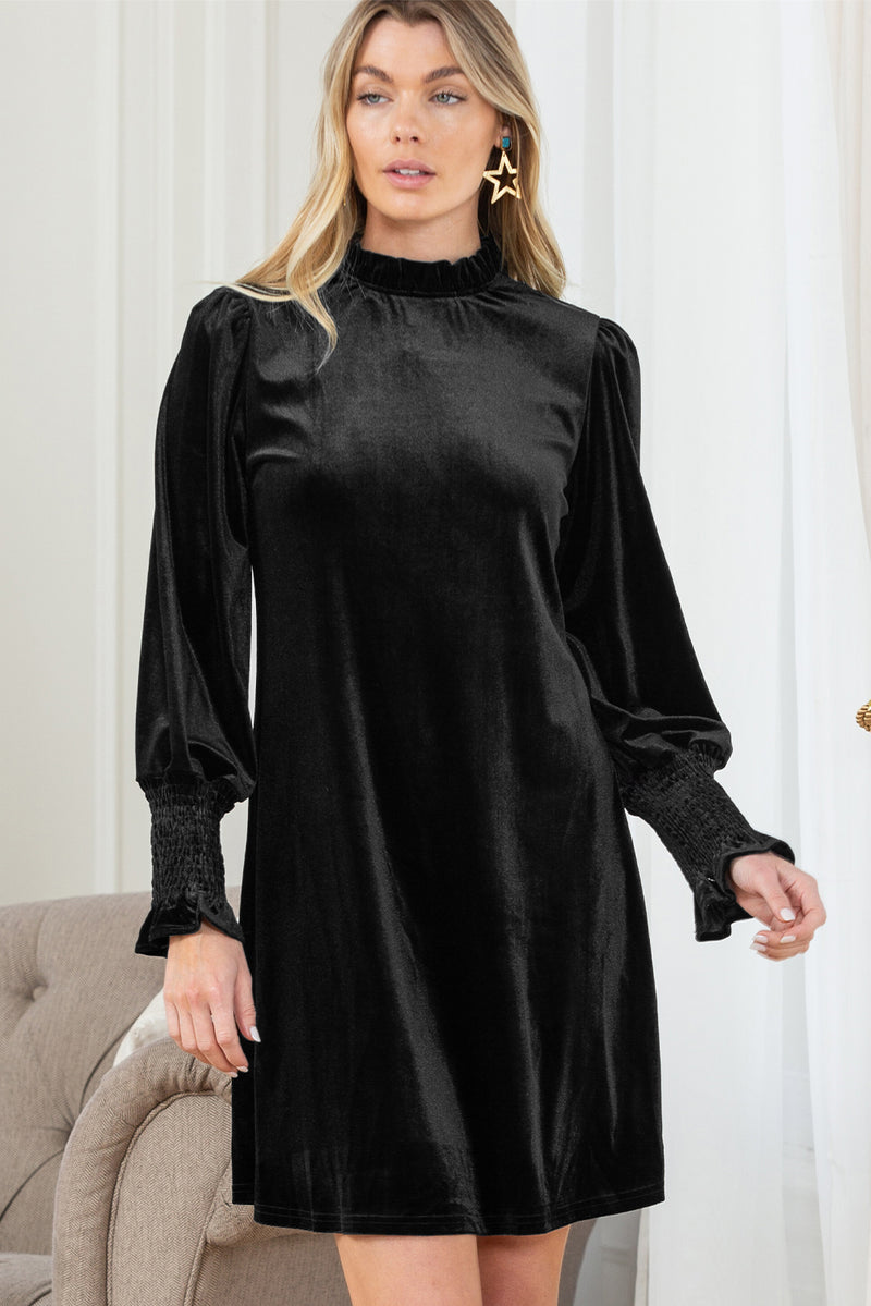 Black Velvet Frill Neck Long Sleeve Shift Dress