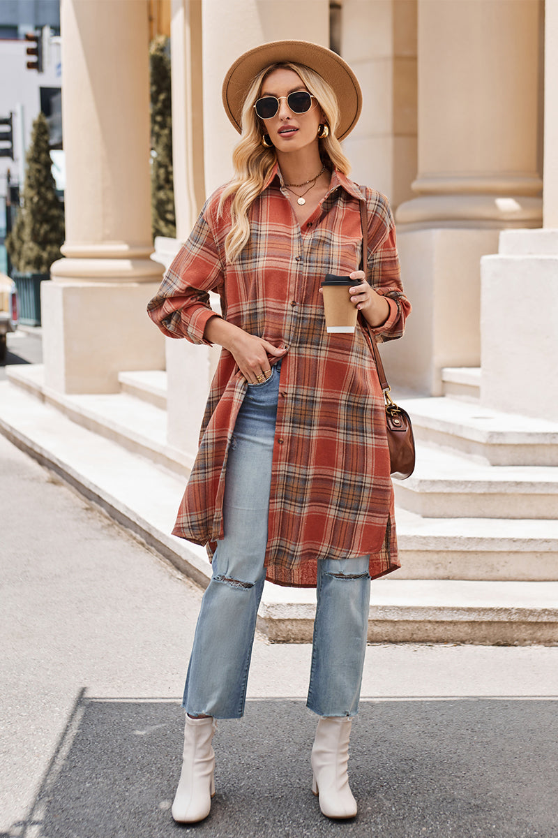 Mandy Plaid Collared Neck Long Sleeve Coat