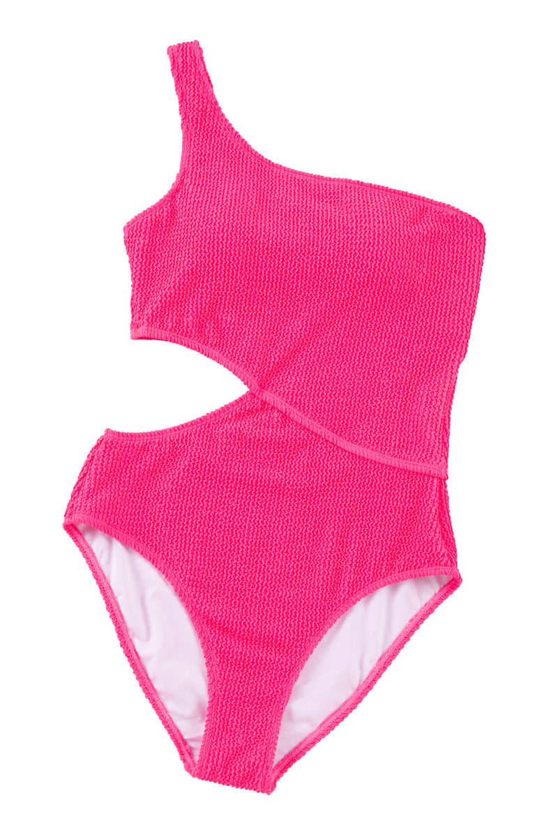 Bright Pink Solid Textured Cut Out Asymmetric One-piece Swimsuit