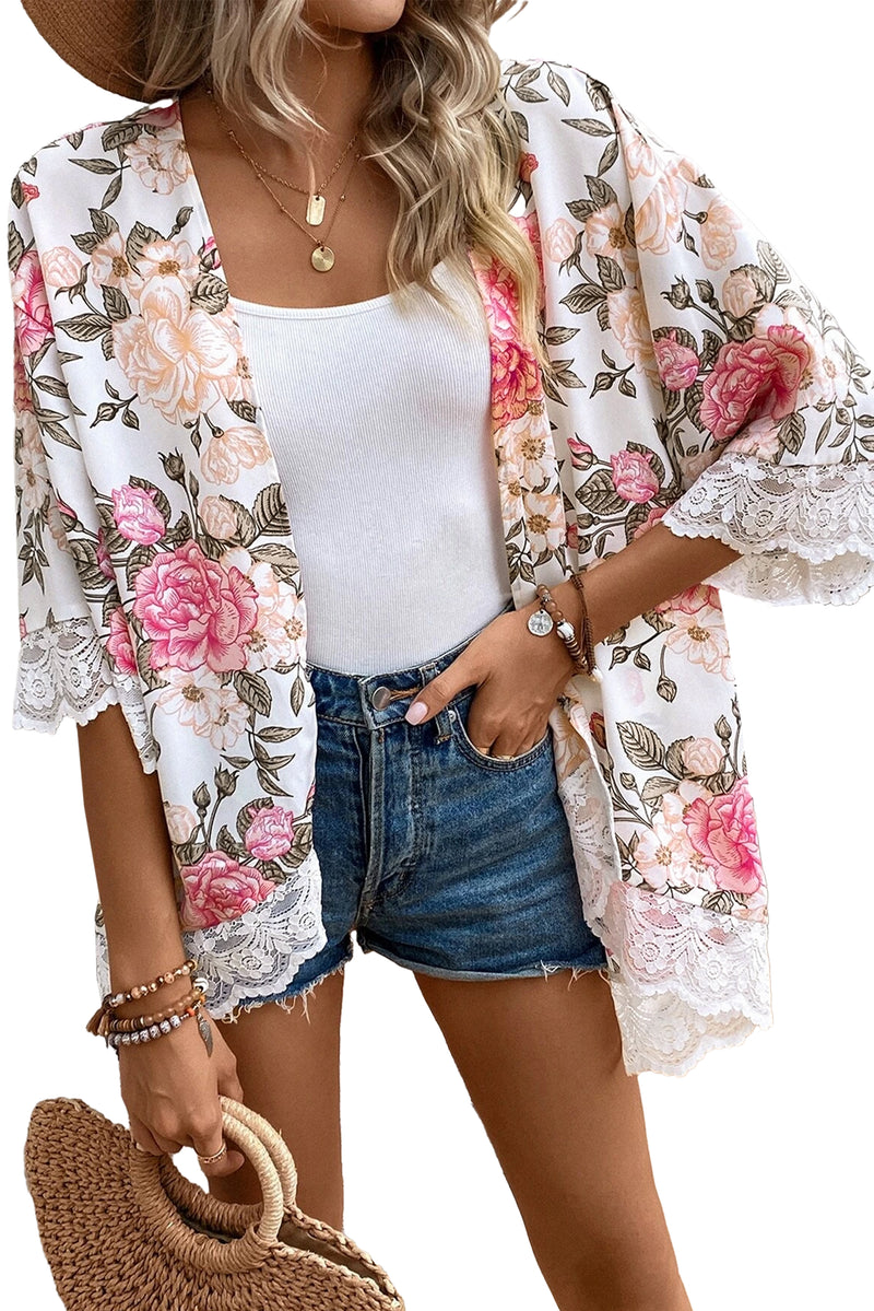 White Floral Print Lace Trim Open Front Cover Up