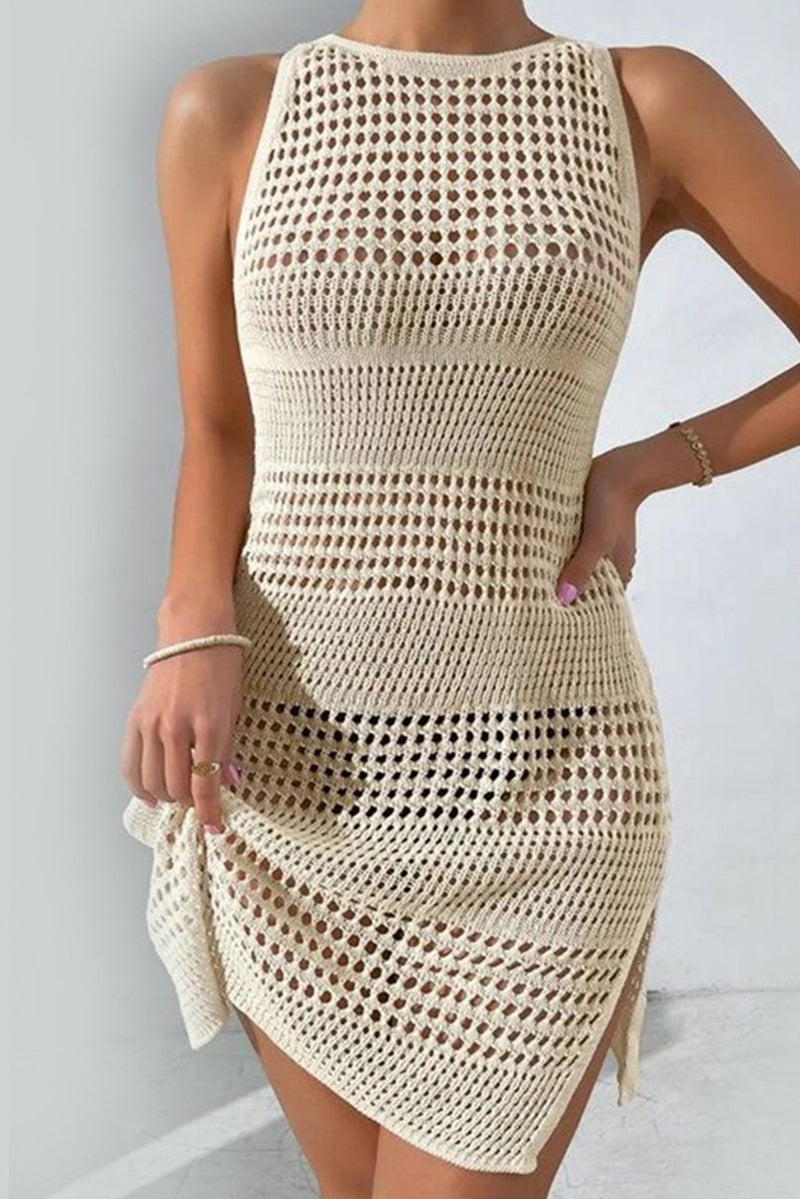 Beige Open Back Hollowed Knit Sleeveless Beach Cover Up