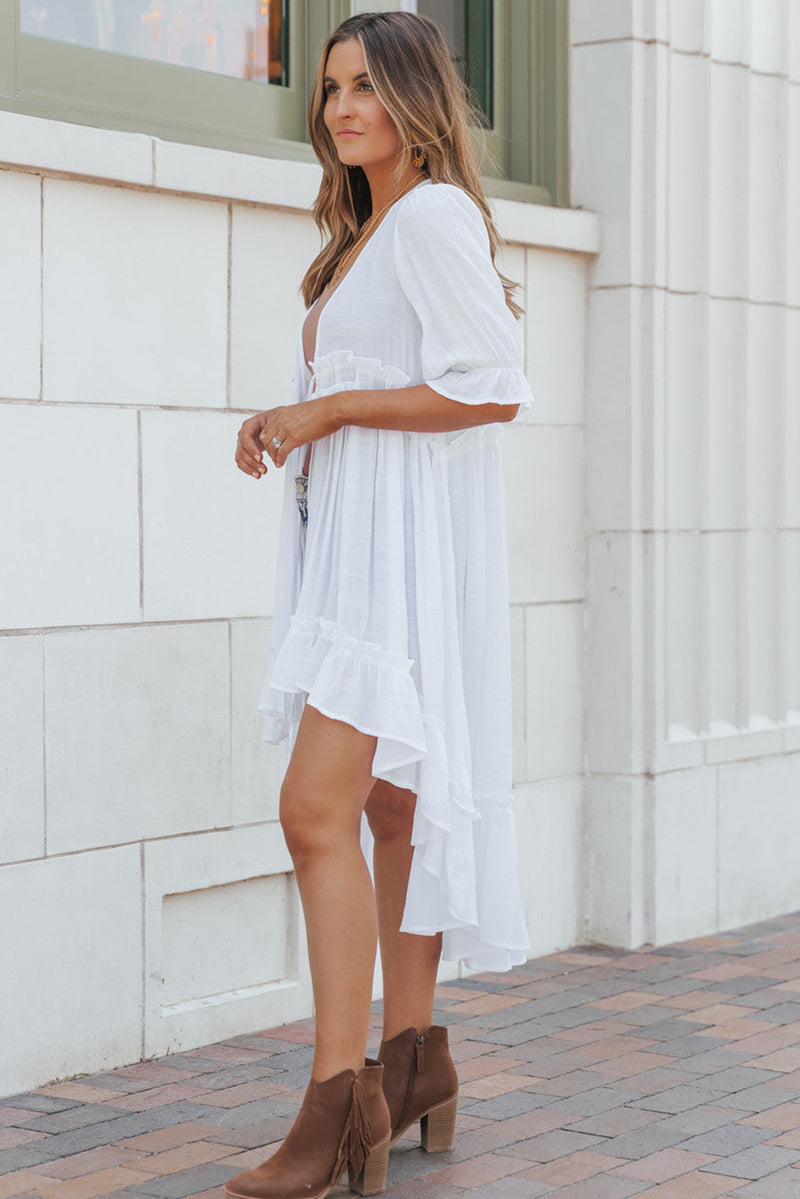 White Half Sleeve Ruffled High Low Beach Cover Up