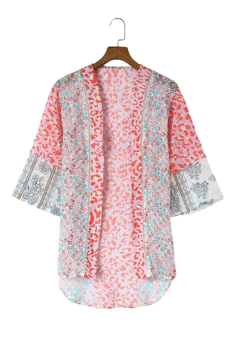 Multicolor Floral Print Boho Bell Sleeve Open Front Cover Up