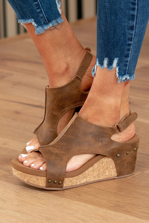 Brown Vintage Leather Stitching Studded Wedge Sandals