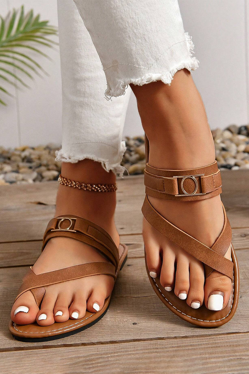 Chestnut Cross Toe Metal Buckle Strap Flat Slides Shoes