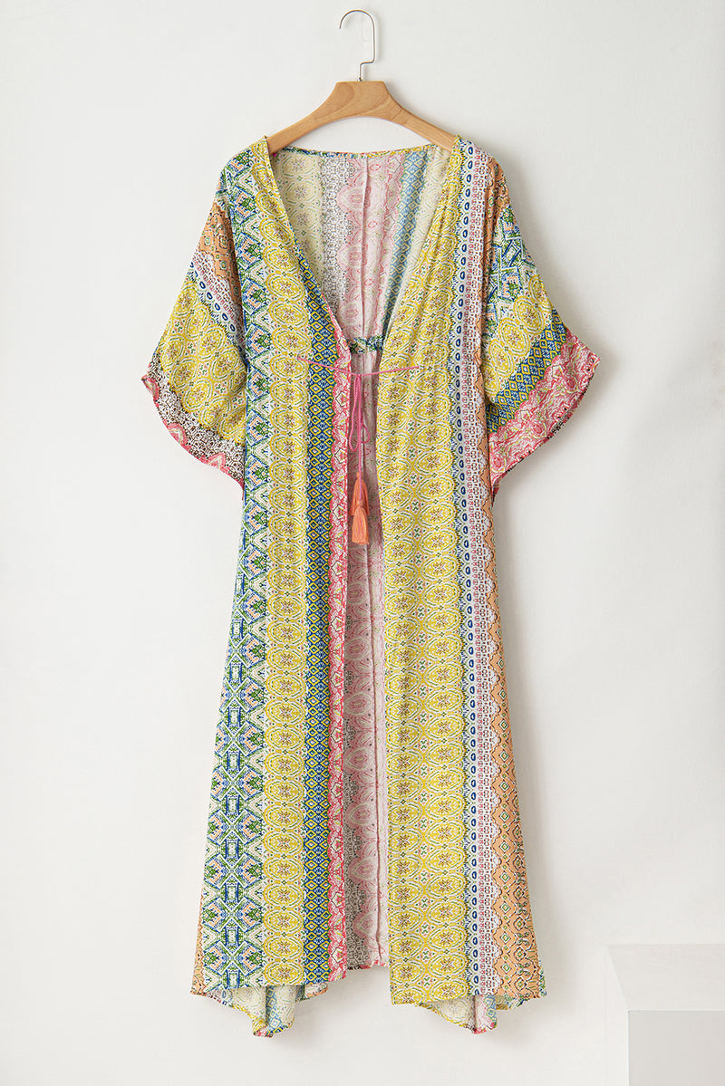 Pink Boho Print Tassel Tie Duster Cover Up