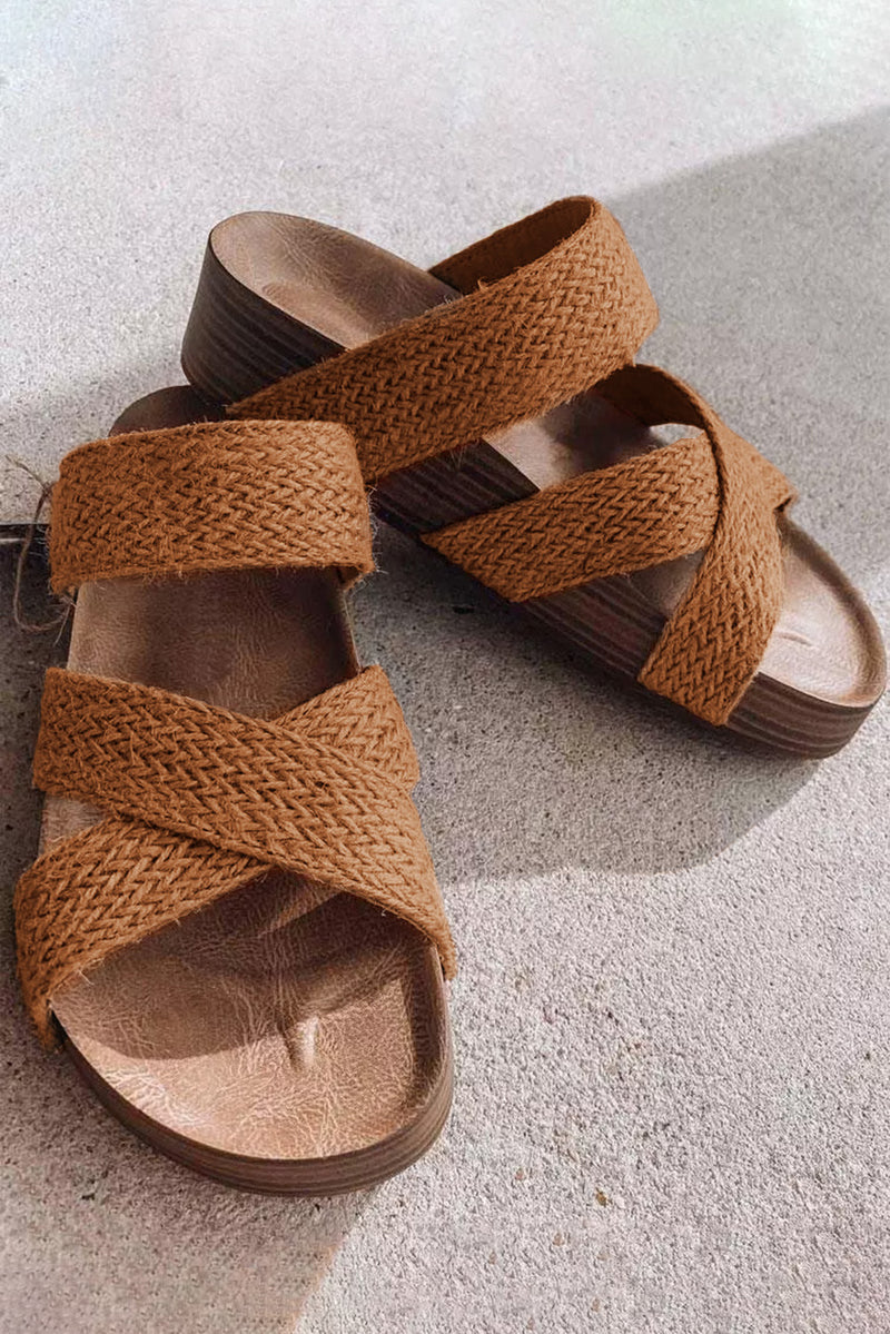 Brown Woven Criss Cross Strap Platform Slides Shoes