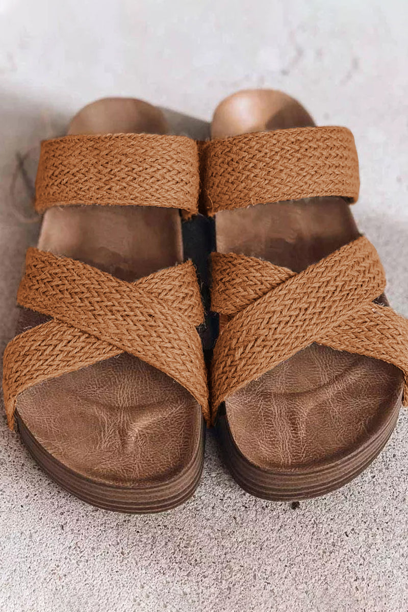 Brown Woven Criss Cross Strap Platform Slides Shoes