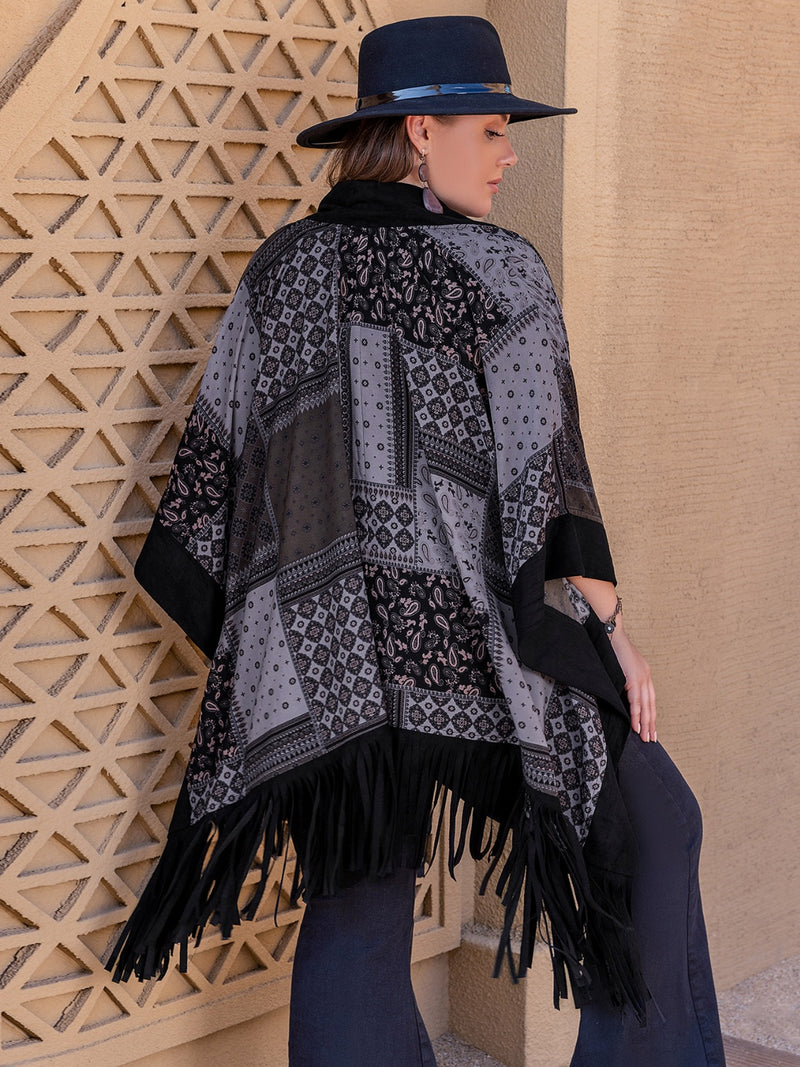 Plus Size Printed Fringe Open Front Outerwear