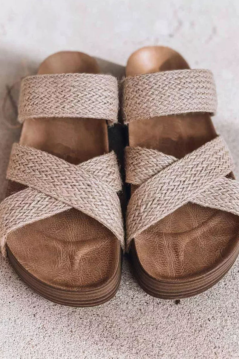 Brown Woven Criss Cross Strap Platform Slides Shoes