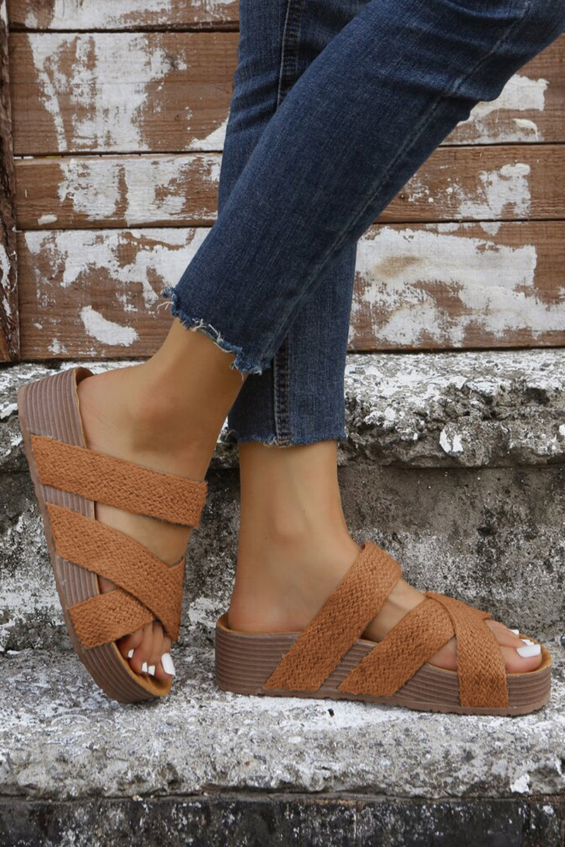 Brown Woven Criss Cross Strap Platform Slides Shoes