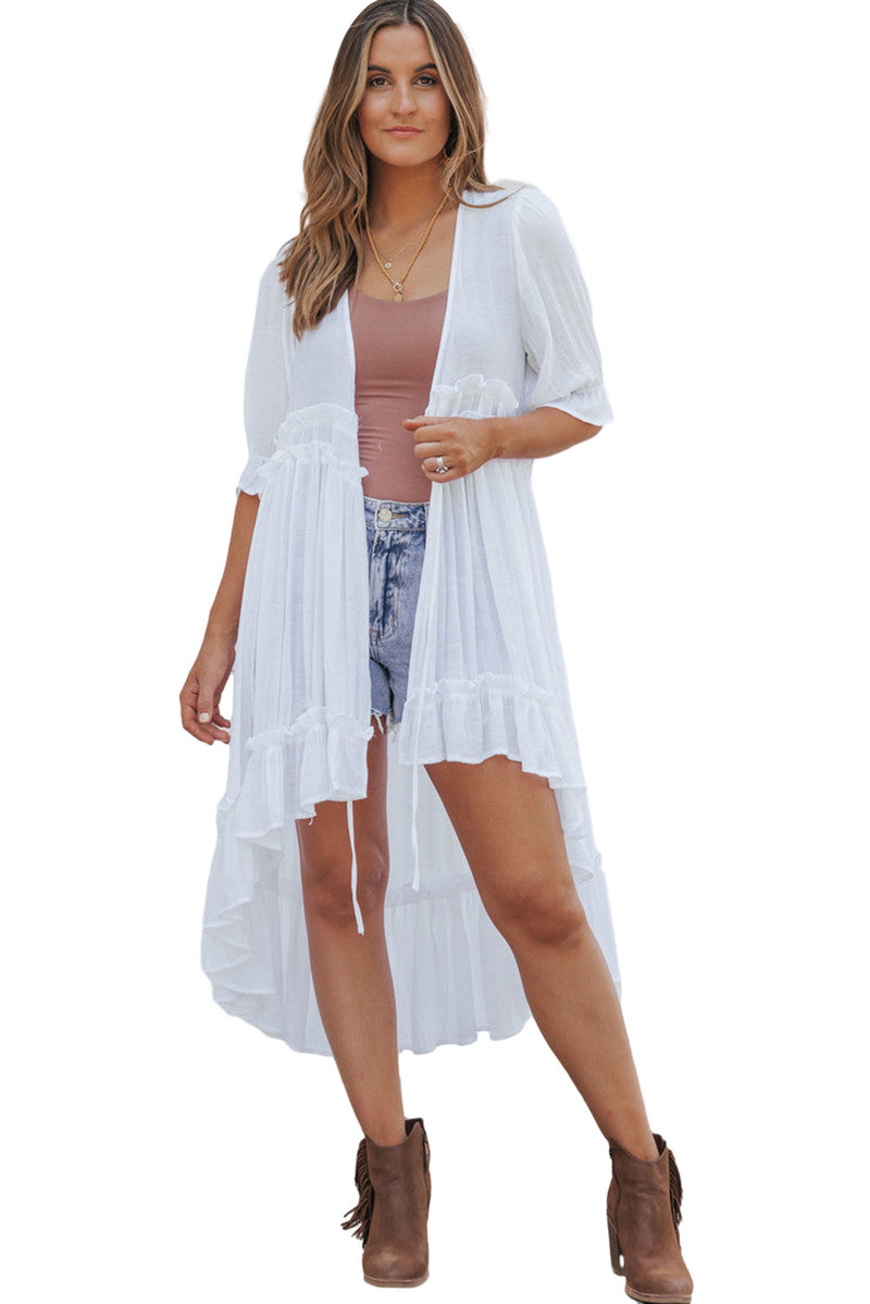 White Half Sleeve Ruffled High Low Beach Cover Up