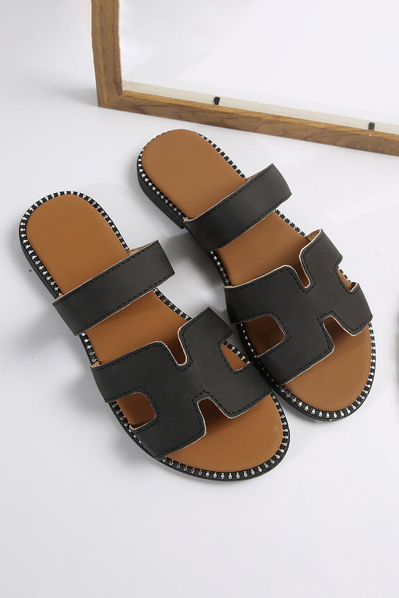 Black Leather H Band Flat Slides Shoes