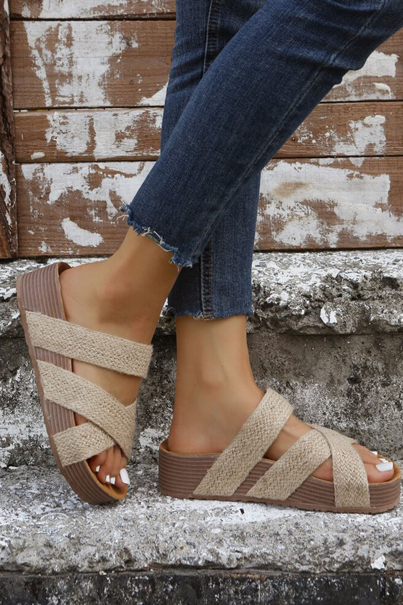 Brown Woven Criss Cross Strap Platform Slides Shoes