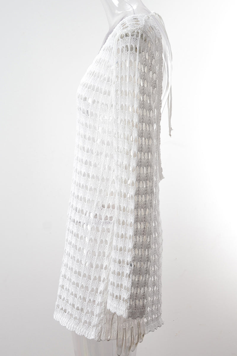 White Hollow Out Crochet Knotted Backless Beach Dress