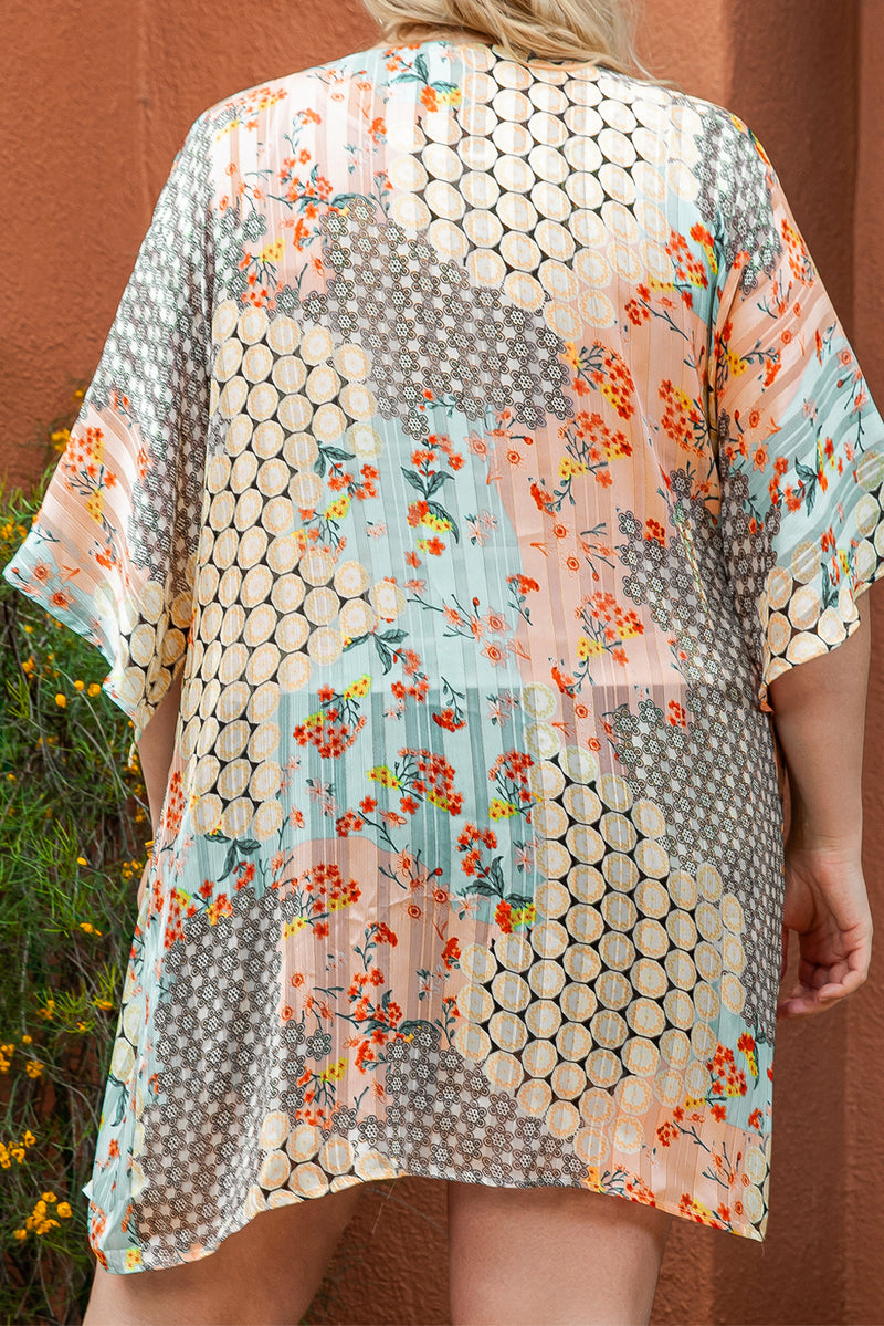 Green Floral Geometric Print Open Front Plus Size Cover-up