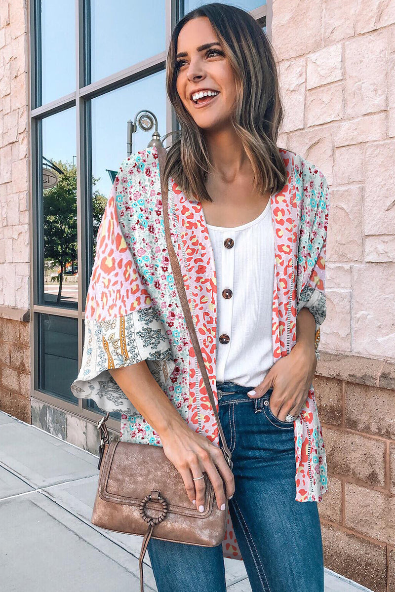 Multicolor Floral Print Boho Bell Sleeve Open Front Cover Up