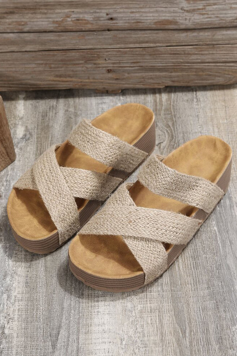 Brown Woven Criss Cross Strap Platform Slides Shoes