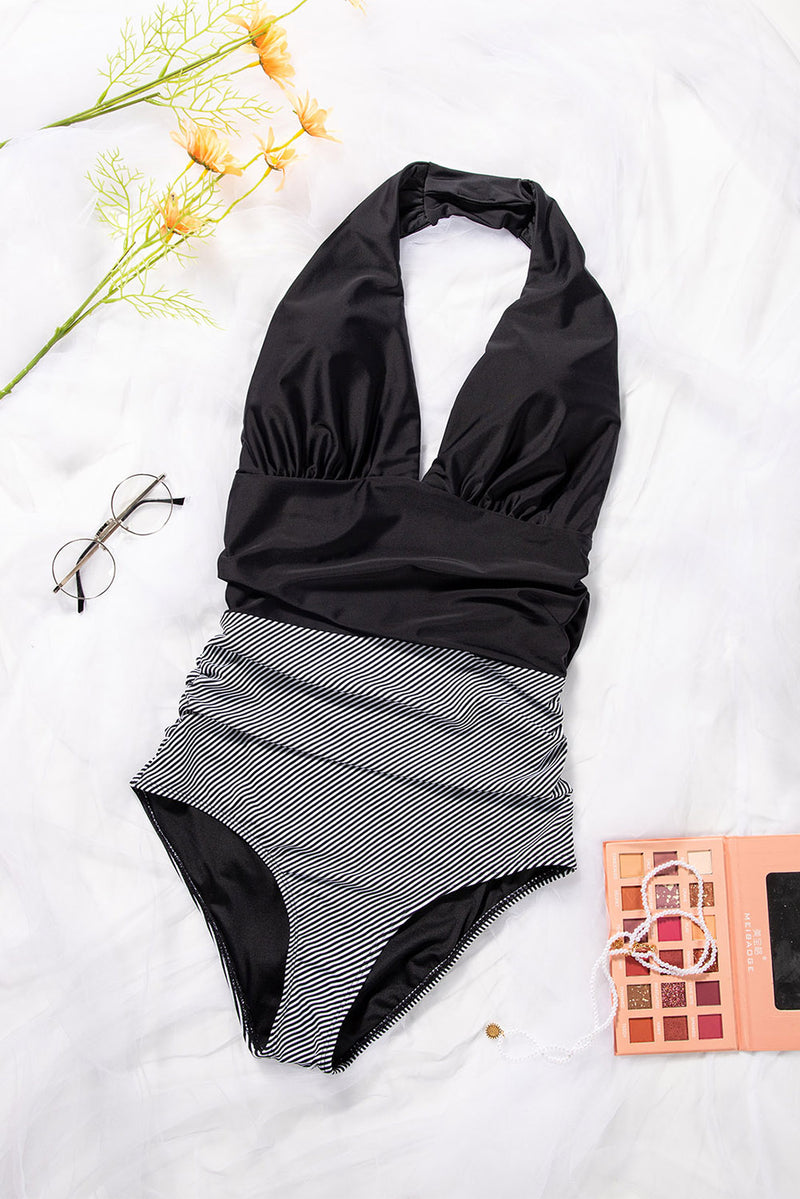 Black Retro Stripe V Neck Backless Halter One Piece Swimsuit