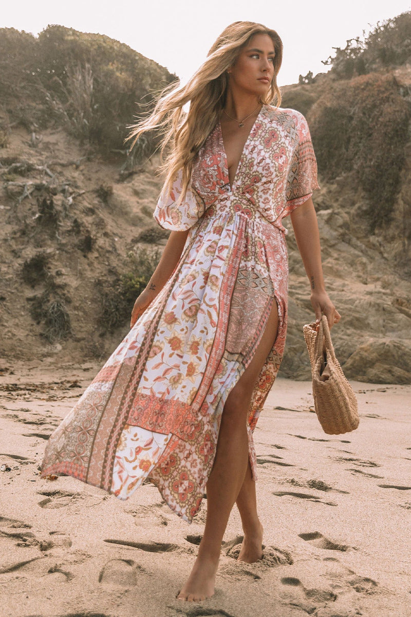 Red Boho Print Deep V Kimono Sleeves Beach Dress With Split