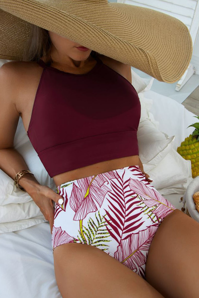 Red Tropical Print Back Split Color Block High Waisted Swimsuit